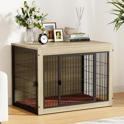 Greesum Modern Dog Crate Furniture That Doubles as a Side Table - Sturdy Wooden Kennel with Front & Side Door Access, Plush Cushion & Chew-Resistant Design for All Dog Sizes