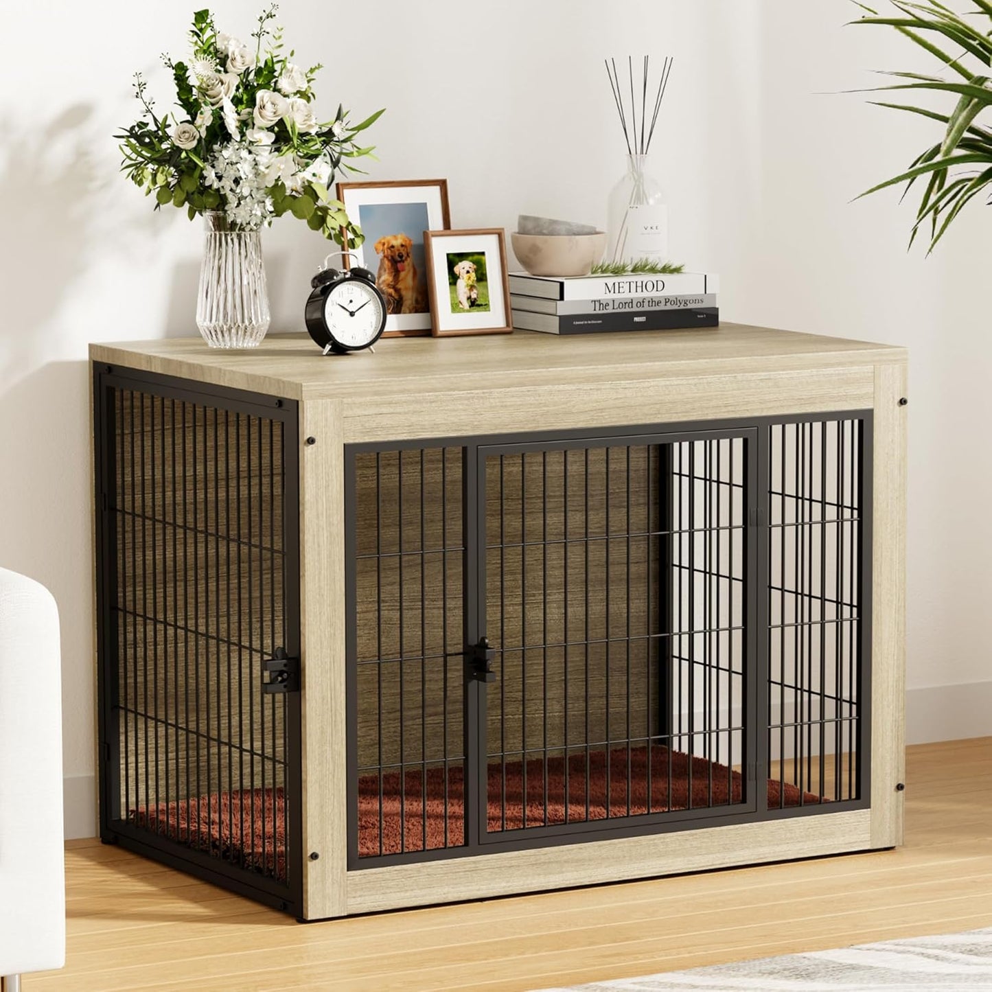 Greesum Modern Dog Crate Furniture That Doubles as a Side Table - Sturdy Wooden Kennel with Front & Side Door Access, Plush Cushion & Chew-Resistant Design for All Dog Sizes