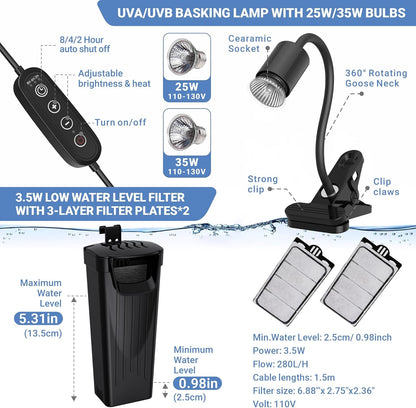 GOZILLA Aquatic Turtle Tank+Lamp+Filter Kit, Upgrade PC Turtle Tank Starter Kit with Adjustable 360°Lamp & Filter,Reptile Habitat Lid,Hanging Platform for Small Reptiles.(15.75×7.9×9''/Black)