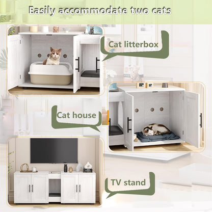 Cat Litter Box Enclosure Furniture for 2 Cats, 55" Large Hiddden Cat Litter Box Enclosure Furniture 3-IN-1 Wooden Cat Litter Cabinet with Barn Door & Double Rooms for Bedroom Living Room, White