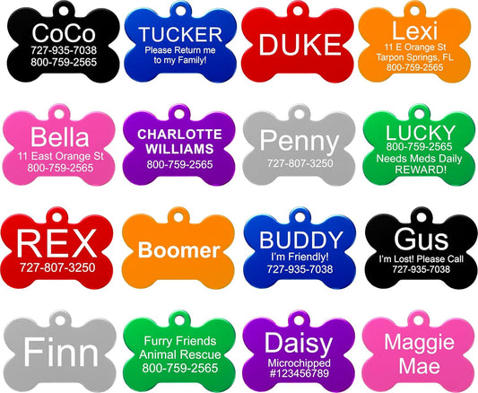 Providence Engraving Pet ID Tags in 8 Shapes, 9 Colors, and Two Sizes - Personalized Dog and Cat Tags with 4 Lines of Customizable Text