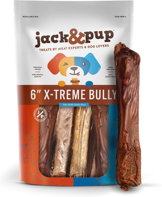 Jack&Pup 6" X-treme Bully Sticks for Large Dogs | Collagen + Pizzle Sticks for Dogs | 3X Longer Lasting for Aggressive Chewers (10 Count)