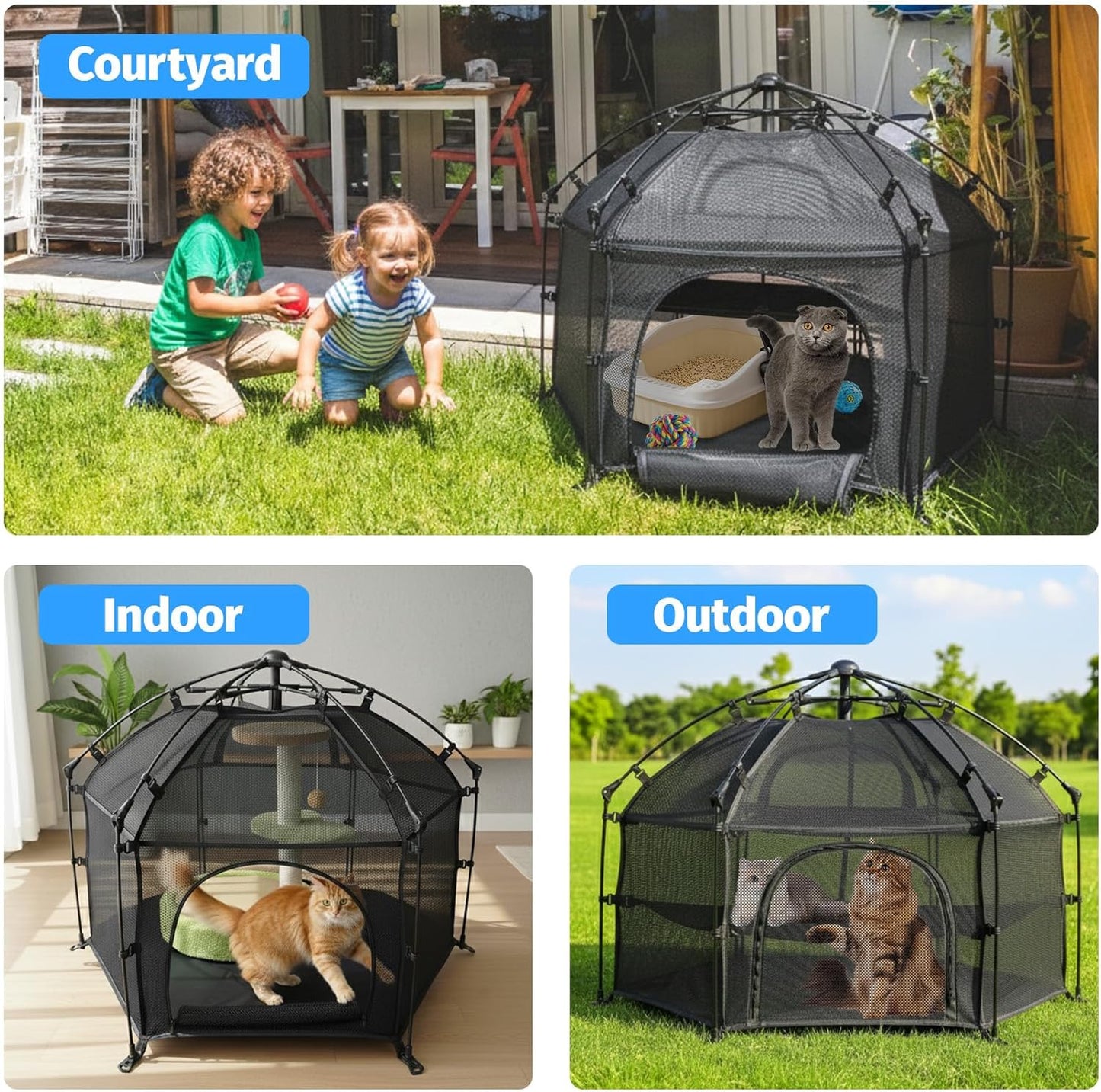 EighteenTek Catio Outdoor Cat Enclosure 3-Tier Pop up Cat Tent Playpen | Portable Kitten Catio Tower | Pet Playpen Indoor/Outdoor Cats Enclosed | Play Tents for Patio Balcony Courtyard Camping