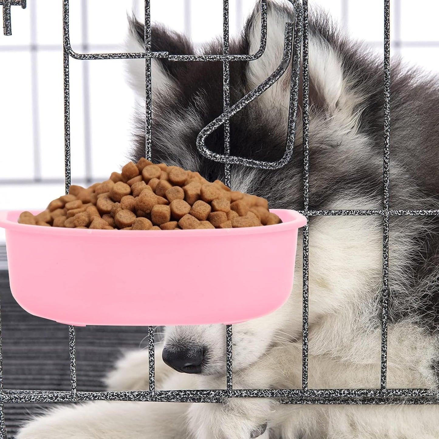 Hanging Pet Bowl Plastic Small Round Dog Bowl with Holder Pink for Puppies and Cats Suitable for Travel and Kennel Use