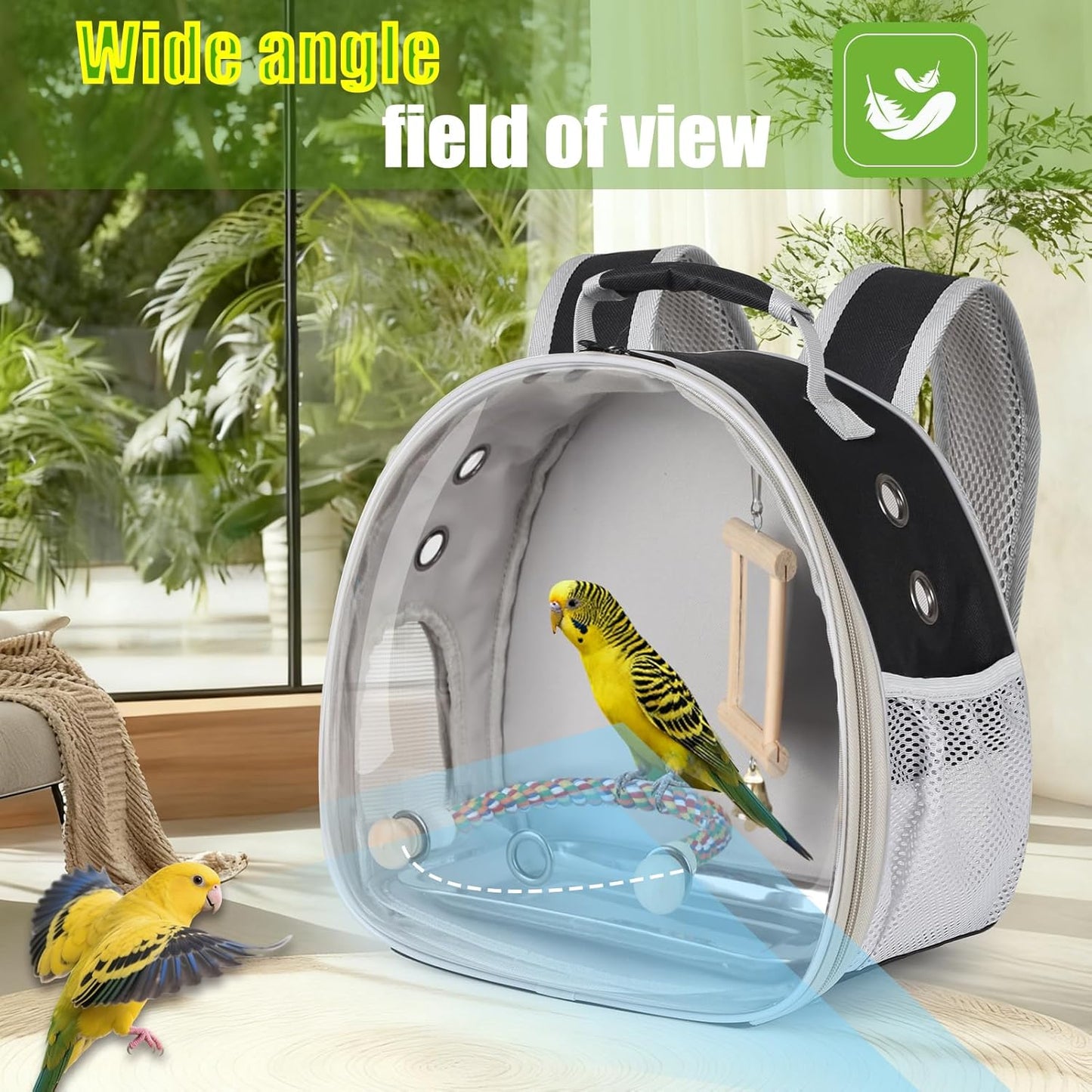 Bird Travel Carrier Bubble Window Backpack with Mirror Parrot Standing Toy,Portable Parrot Cage Backpack with Stand Perch, Pet Travel Bag for Cockatiels,Parrots,Love Bird,Small Birds