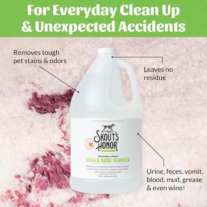 SKOUT'S HONOR Pet Stain and Odor Remover - Powerful Cleaner for Dog Urine, sweat, and other messes, Destroys and Removes Odor and Stain Molecules, Eco-Friendly Formula for Carpets and Home, 128oz
