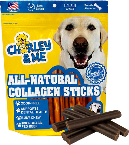 CHARLEY & ME Premium Collagen Sticks for Dogs - Long Lasting Dog Treats, Free Dog Chew Sticks - Hip & Joint Support, Healthy Skin, Shiny Coat - 100% Natural Beef - 6 Inches (Pack of 12)