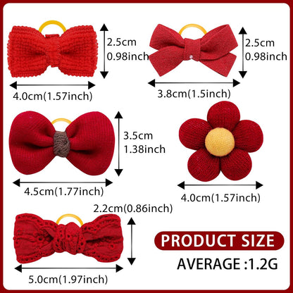 20pc Red Small Dog Hair Bows with Rubber Bands, Bulk Puppy Dog Hair Bows, Mix Handmade Cute Dog Gooming Flower Ball Bowknot Top Knot for Holiday Daily Yorkie Dog Hair Accessories