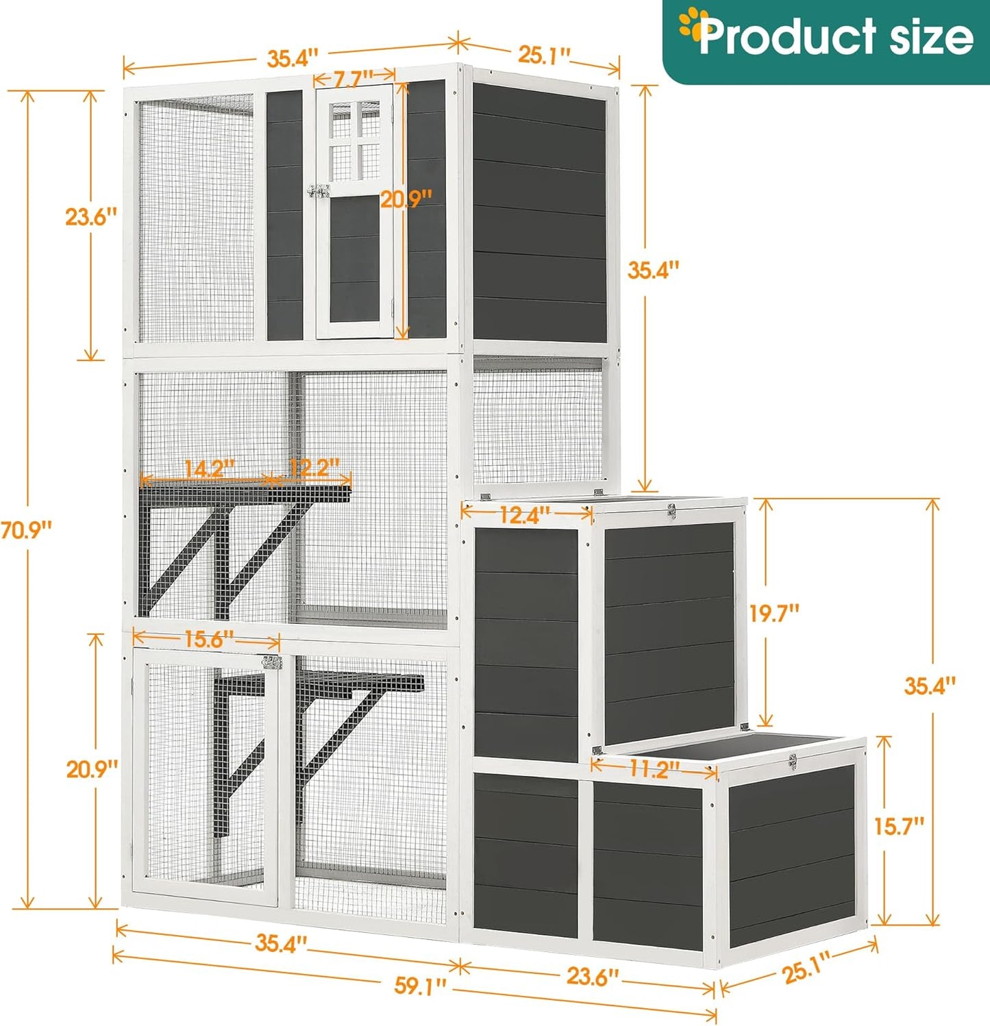 KEIKI Outdoor Cat Catio Enclosures 3-Tier Wooden Cat House with 4 Platforms and 2 Doors, Kitty House Shelter with a Jump Box for Hiding and Resting, 71"H Tall Kitten Cage for 1-3 Pets, UV-Proof, Gray