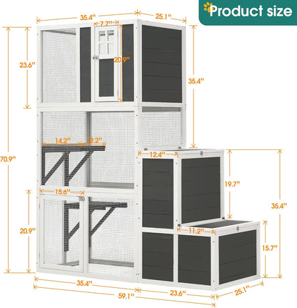 KEIKI Outdoor Cat Catio Enclosures 3-Tier Wooden Cat House with 4 Platforms and 2 Doors, Kitty House Shelter with a Jump Box for Hiding and Resting, 71"H Tall Kitten Cage for 1-3 Pets, UV-Proof, Gray