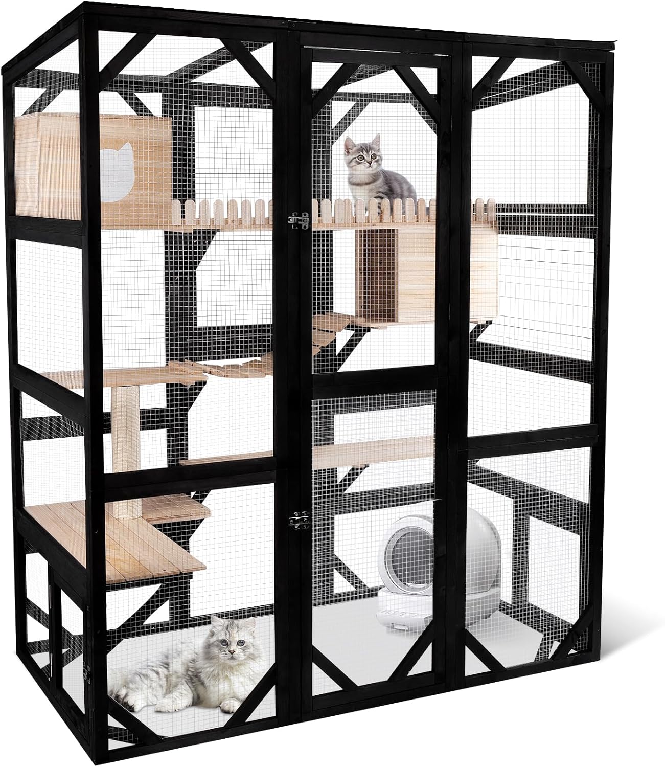 FunXplore Large Catio Outdoor Cat Enclosure Window 73" H Walk-in Cat House Kitty Cage for Multiple Indoor Outdoor Cats Outside Patio with 5 Access Doors Waterproof Roof