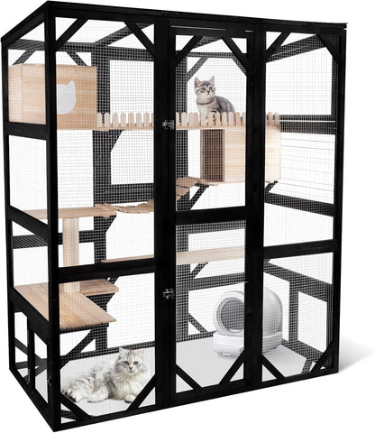 FunXplore Large Catio Outdoor Cat Enclosure Window 73" H Walk-in Cat House Kitty Cage for Multiple Indoor Outdoor Cats Outside Patio with 5 Access Doors Waterproof Roof