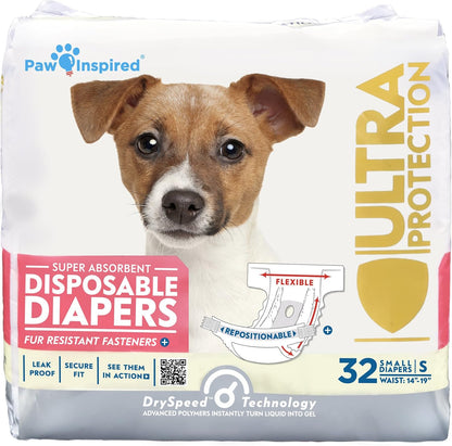 Paw Inspired 32ct Disposable Dog Diapers | Female Dog Diapers Ultra Protection | Diapers for Dogs in Heat, Excitable Urination, or Incontinence (Small)