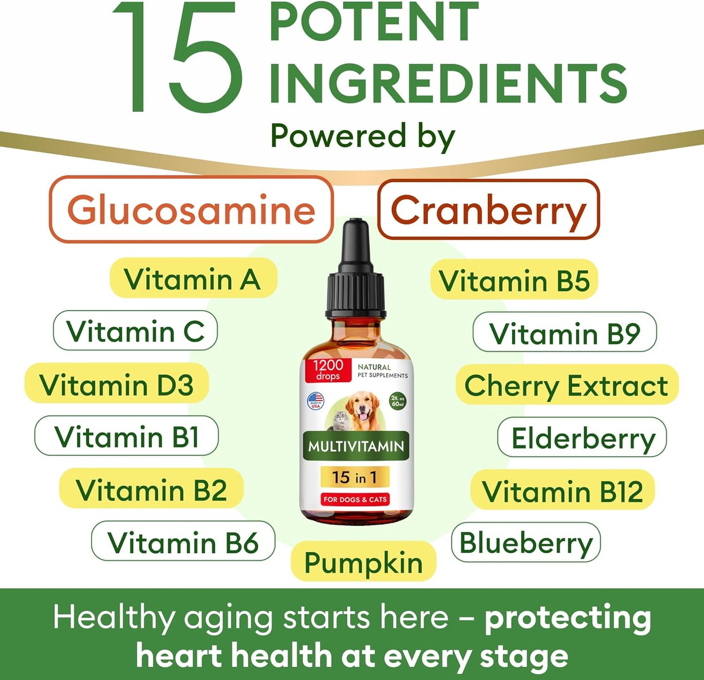 15-in-1 Liquid Multivitamin for Dogs & Cats - Glucosamine for Dogs, Cranberry, Vitamin B Complex - Balanced Ingredients for Joint, Digestive, Immune, Skin & Coat and UTI Support - US Made - 2.0Fl Oz