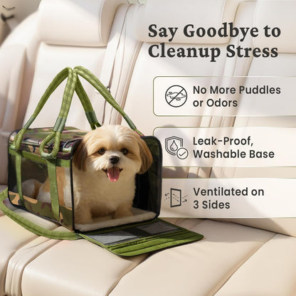 FLUFFY COMMUTE™ TSA Airline Approved Dog Carrier | Soft-Sided | Fits Small Dogs & Pets Up to 15 lbs & 17” Long × 11” Tall | Camo w/Green Handle