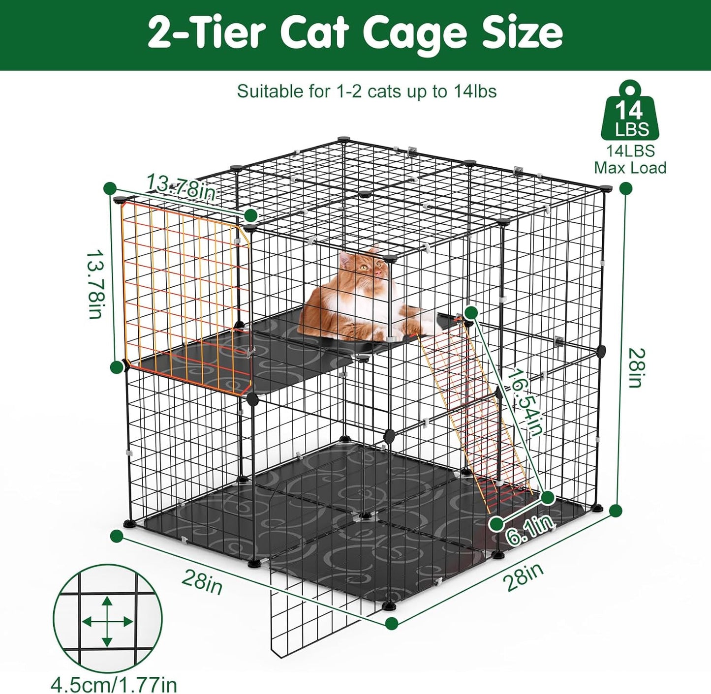 2 Tier Cat Cage, Indoor Cat Enclosures, DIY Cat Playpen Detachable Metal Wire Kennels Cats Crate Kitten House with Climbing Ladders 2 Doors Large Exercise Place for 1-3 Cats/Kitten, 28"x28"x28"