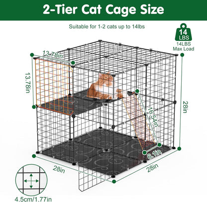 2 Tier Cat Cage, Indoor Cat Enclosures, DIY Cat Playpen Detachable Metal Wire Kennels Cats Crate Kitten House with Climbing Ladders 2 Doors Large Exercise Place for 1-3 Cats/Kitten, 28"x28"x28"