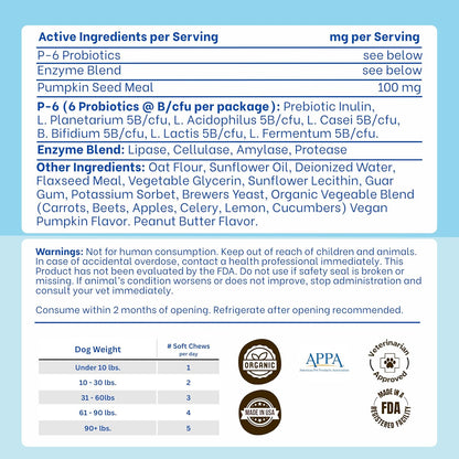 Probiotics for Dogs – Gut Health by Happy Dog | Organic, Vegan Probiotic Soft Chews with Prebiotics for Digestion, Immunity & Itchy Skin Relief | 120 Soft Chews Peanut Butter Flavor