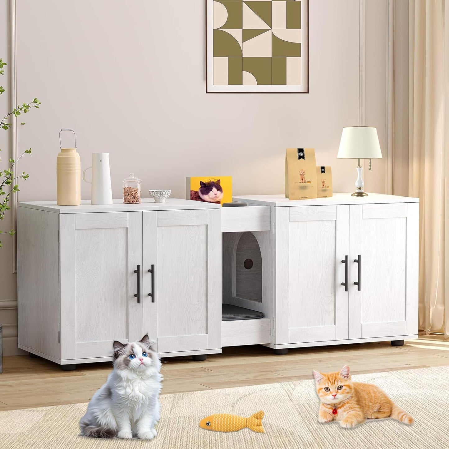 Cat Litter Box Enclosure Furniture for 2 Cats, 55" Large Hiddden Cat Litter Box Enclosure Furniture 3-IN-1 Wooden Cat Litter Cabinet with Barn Door & Double Rooms for Bedroom Living Room, White