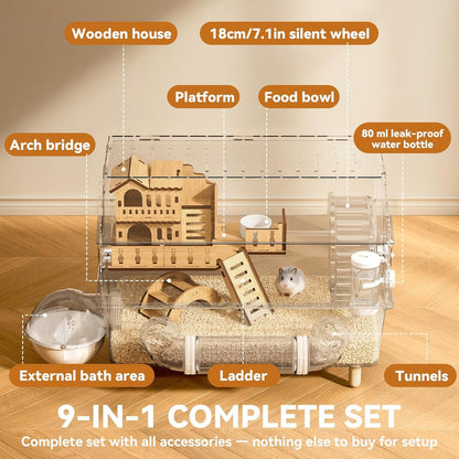 9-in-1 Acrylic Hamster Cage, Clear Dwarf Hamster Cage, with Tubes and All Accessories, 2-Tier Mouse Habitat, Easy to Clean, Suitable for Small Pets