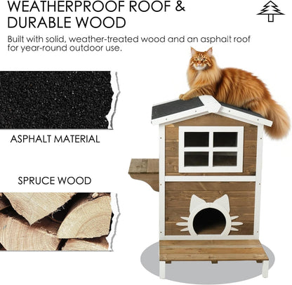 Large Outdoor Cat House, 2-Level Weatherproof Spruce Wood, 32W x 22.75D x 36H inches, Gray