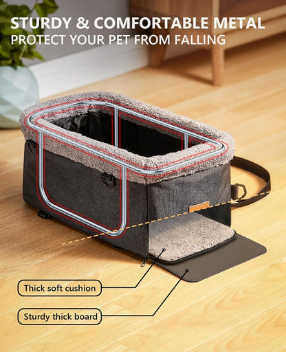 BurgeonNest Dog Car Seat for Small Dog, Center Console Pet Booster Seat with Metal Frame, Upgraded Puppy Carseat with Double Protection Seat Belts, Washable Cushion, Safety Leash and Storage Pocket