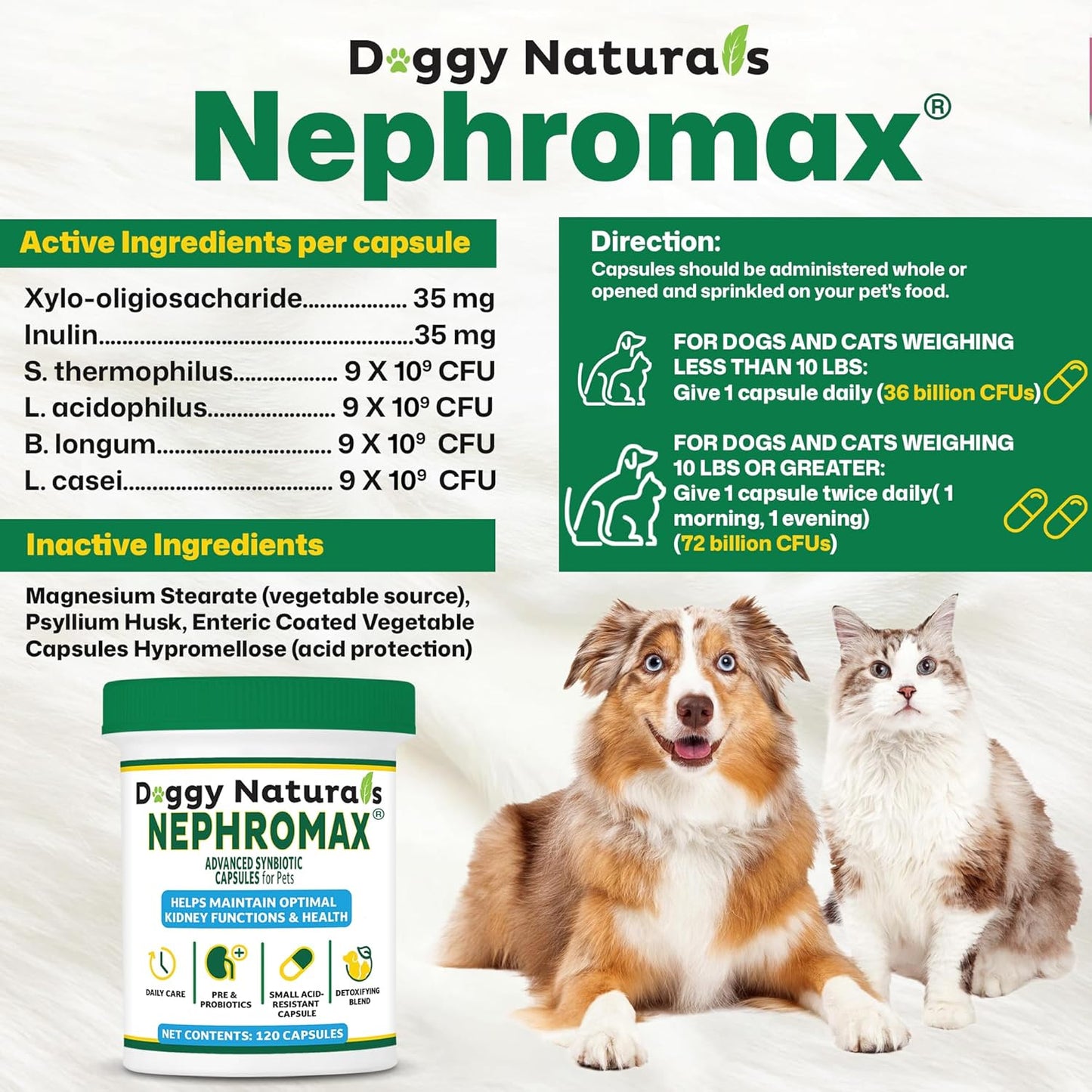 NEPHROMAX™ Synbiotic Capsules Dogs Cats (240 Caps)- Kidney Support Supplement for Cats & Dogs, Probiotics & Prebiotics for Digestive Health, Small & Easy-to-Swallow Capsules Made in The USA