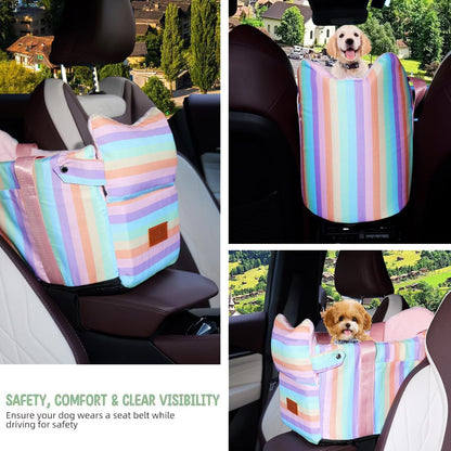 Cullaby Console Dog Seat | Anti-Collapse Armrest Booster for Small Dogs & Puppies - Secure Travel Carrier with Safety Clip-in Tether & Washable Cozy Cushion Pad - Up to 15 lbs