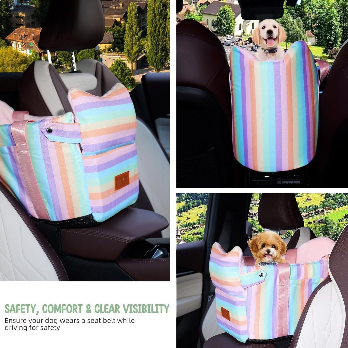 Cullaby Console Dog Seat | Anti-Collapse Armrest Booster for Small Dogs & Puppies - Secure Travel Carrier with Safety Clip-in Tether & Washable Cozy Cushion Pad - Up to 15 lbs