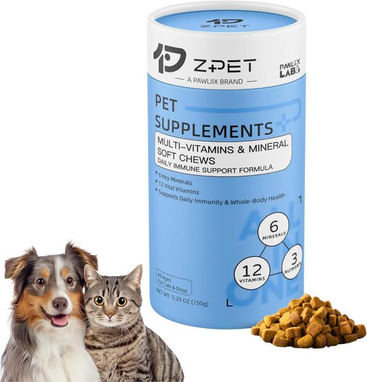 ZPET Multivitamin & Mineral Soft Chews for Cats & Dogs – 12 Vitamins, 6 Minerals with Lysine & Taurine – Daily Immune, Skin, Bone & Digestive Support – Grain-Free Pet Supplement, 150g
