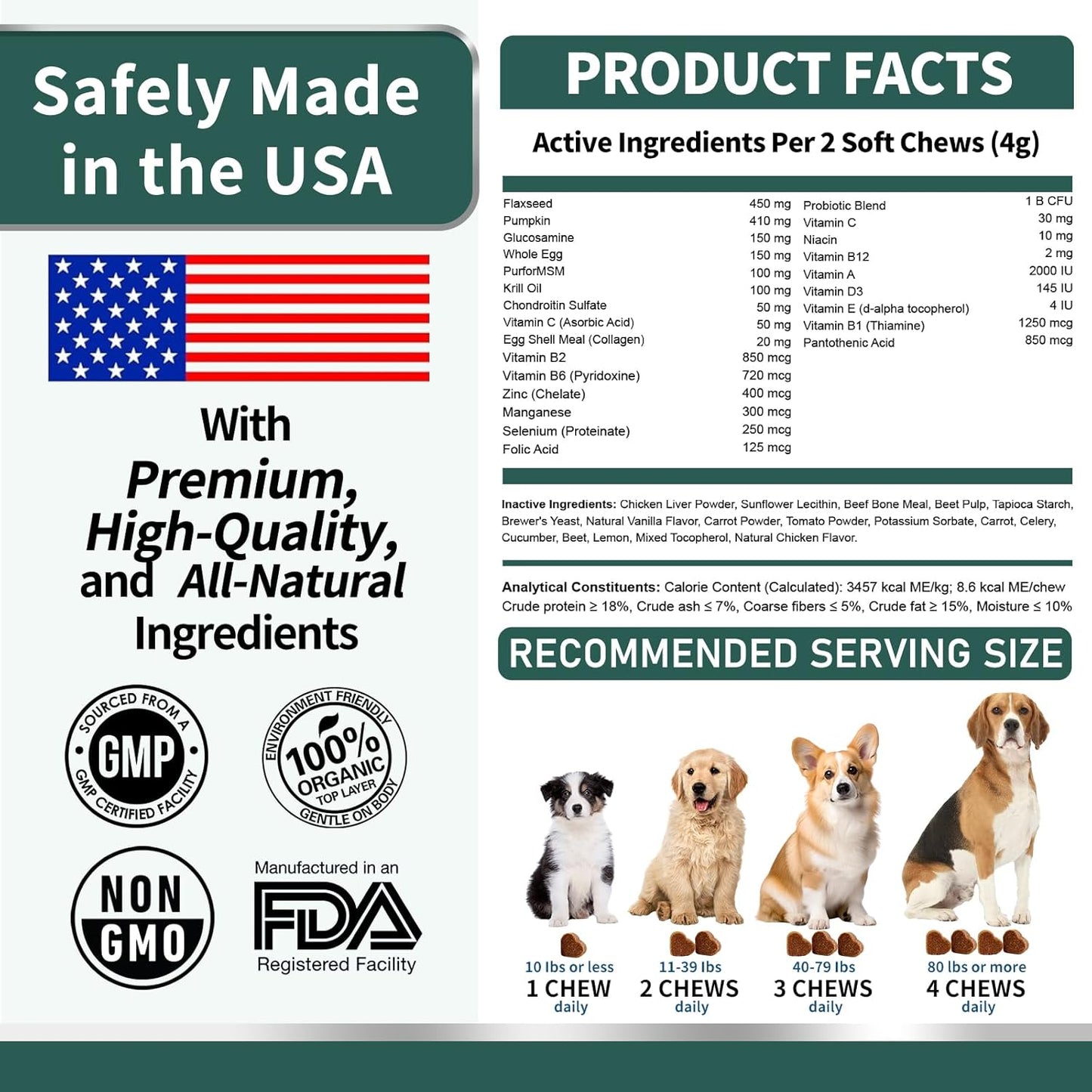 Dog Multivitamin, Glucosamine Chondroitin for Dogs, Dog Vitamins and Supplements, Probiotics, Krill Oil for Hip & Joints, Skin, Coat, Immune Health, Heart, Digestion (180 Chews, Beef)