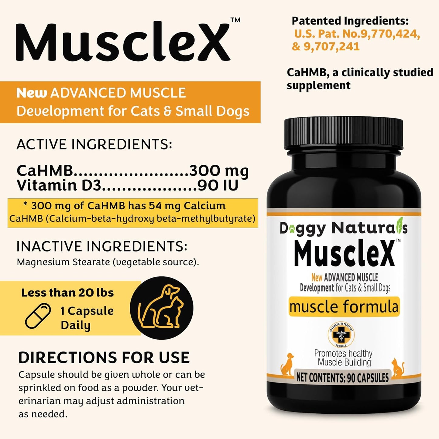MuscleX™ Canine Muscle Formula Cats & Small Dogs with 300mg CaHMB & Vitamin D3 - Natural Muscl Building Formula-Helps Reduce Muscle Loss Due to Normal Aging & Improves Recovery from Injury(270 Caps)