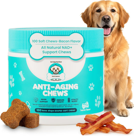 Anti-Aging Dog Supplement – Soft Chews for Senior Dogs with NAD+ Support from Nicotinamide Riboside, Omega-3, Amino Acids, Probiotics – Brain, Joint & Immune Health – Bacon Flavor – 100 Count