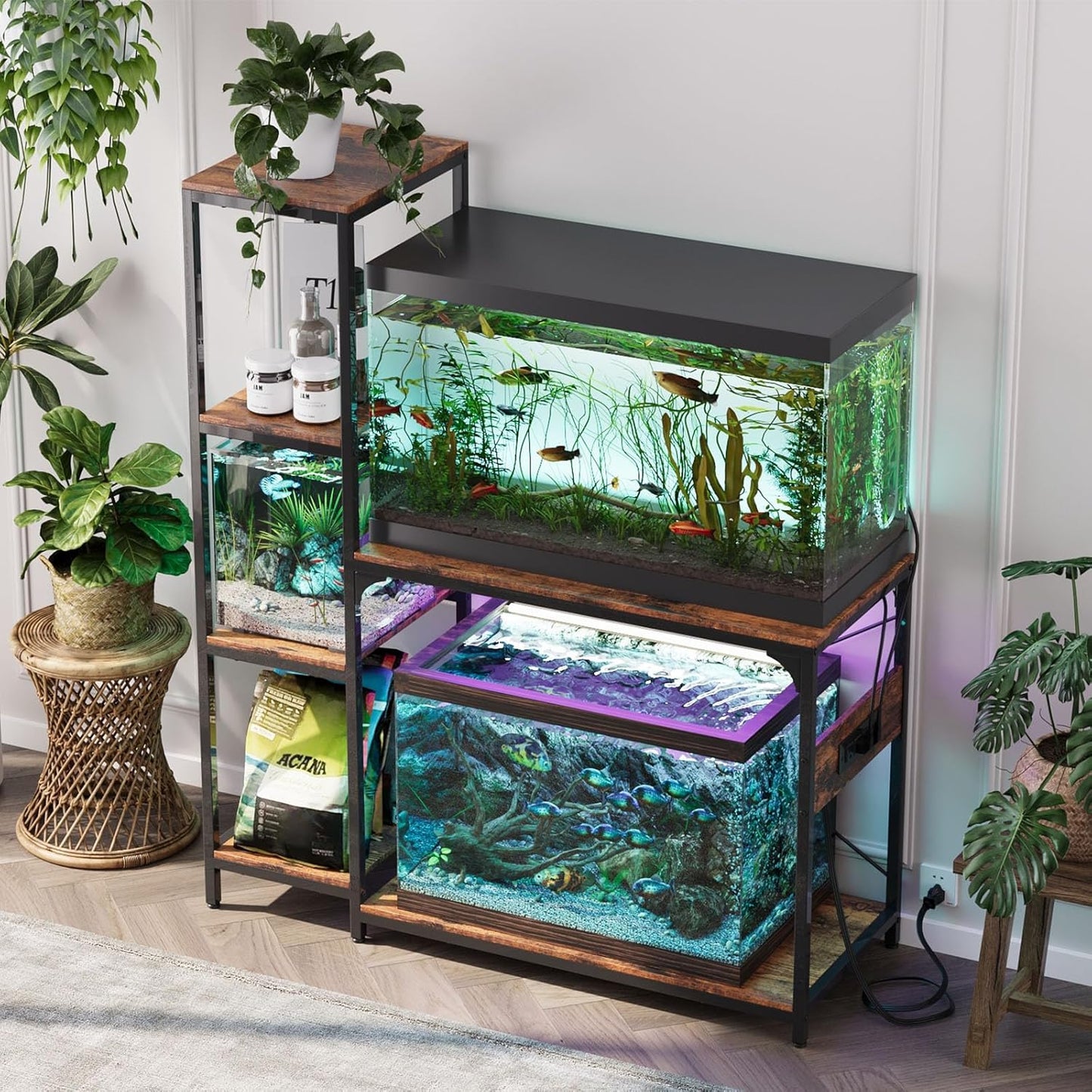 VOWNER 20-29 Gallon Fish Tank Stand with Power Outlet, Wood Aquarium Stand with Shelves for Fish Tank Accessories Storage, Heavy Duty Metal Frame, Turtle Reptile Terrarium Stand, Load 500lb, Brown