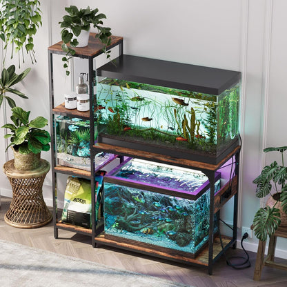 VOWNER 20-29 Gallon Fish Tank Stand with Power Outlet, Wood Aquarium Stand with Shelves for Fish Tank Accessories Storage, Heavy Duty Metal Frame, Turtle Reptile Terrarium Stand, Load 500lb, Brown