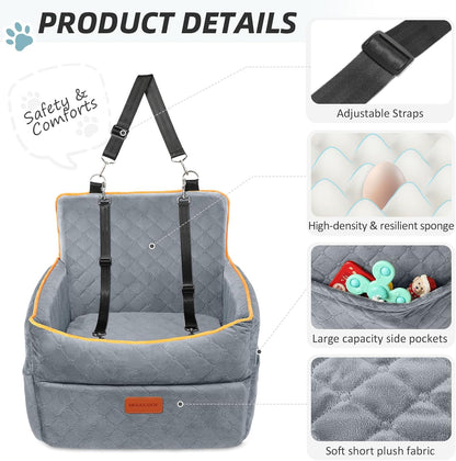 Dog Car Seat for Small Medium Dogs, Memory Foam Puppy Dog Booster Seat with Thick Cushion for Dogs Under 35lbs, Detachable Washable Pet Car Seat Travel Bed with Storage Pockets,2 Safety Belts