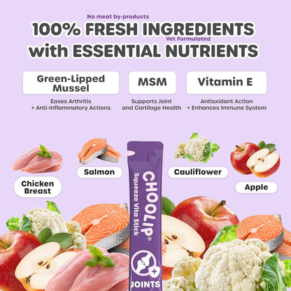 Choolip Squeeze Vita Stick Lickable Cat and Dog Treats, 49-Count Joint Support Variety Pack, Chicken and Salmon with MSM, Green-Lipped Mussel and Vitamin E