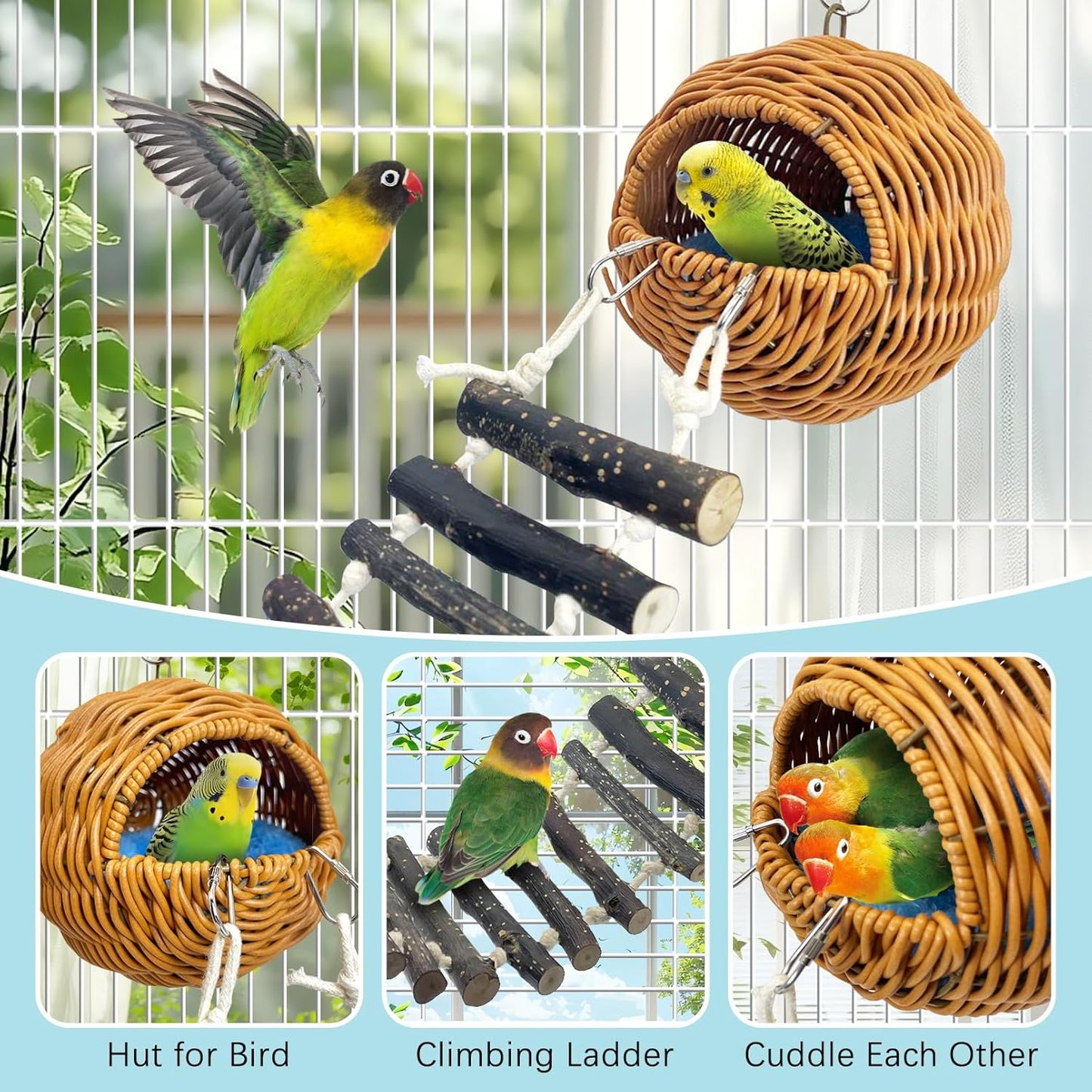 VCEPJH Rattan Bird Nest Hut with Ladder Hanging Bird House for Cage Parakeet Breeding Nest Paly Ground Hideaway for Budgies Conure Finch Cockatiel Parrot Lovebird