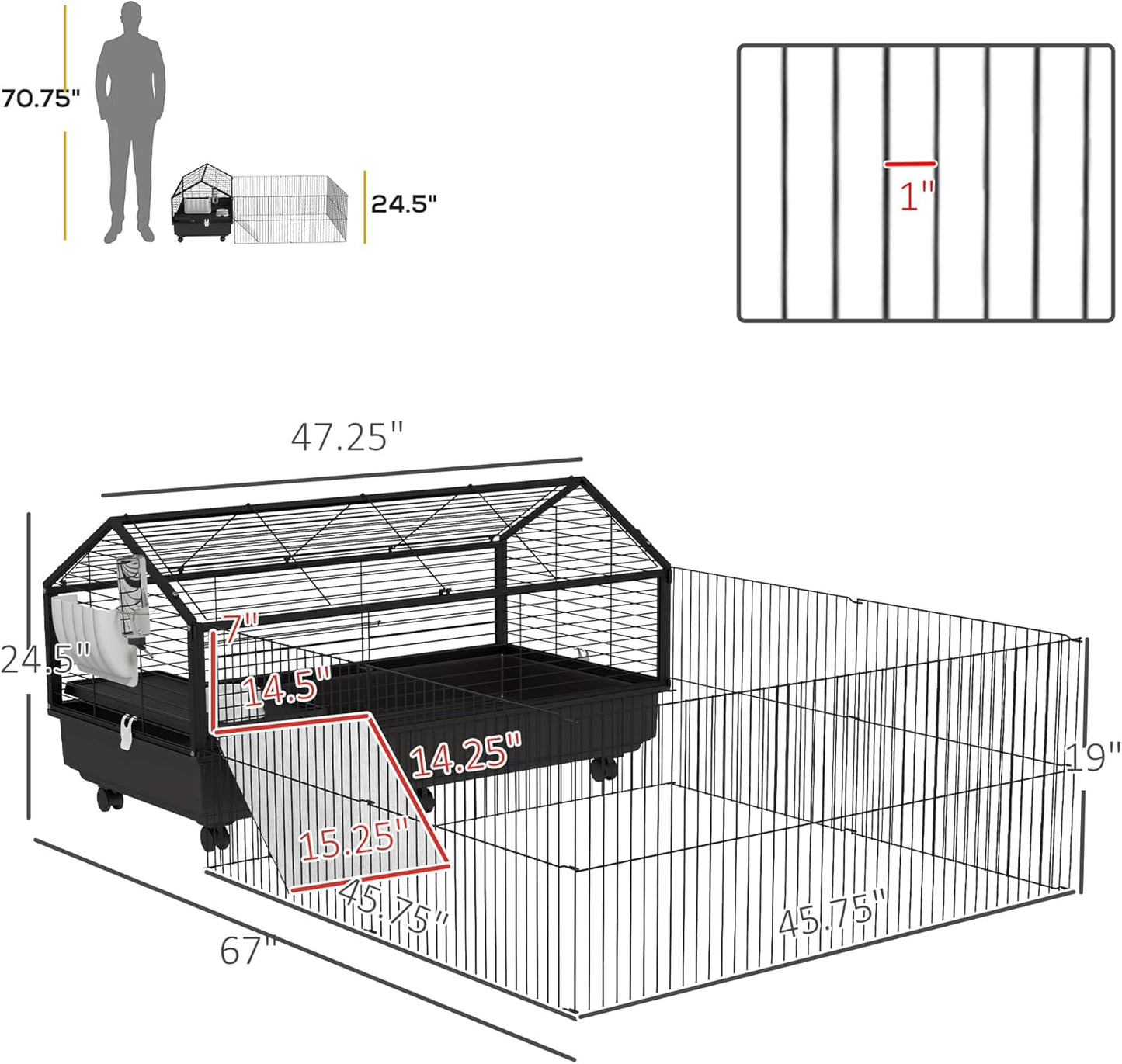 PawHut Small Animal Cage with Foldable Run Area, Rolling Bunny Cage, Guinea Pig Cage with Water Bottle, Water Bowl, and Ramps, 46.5"