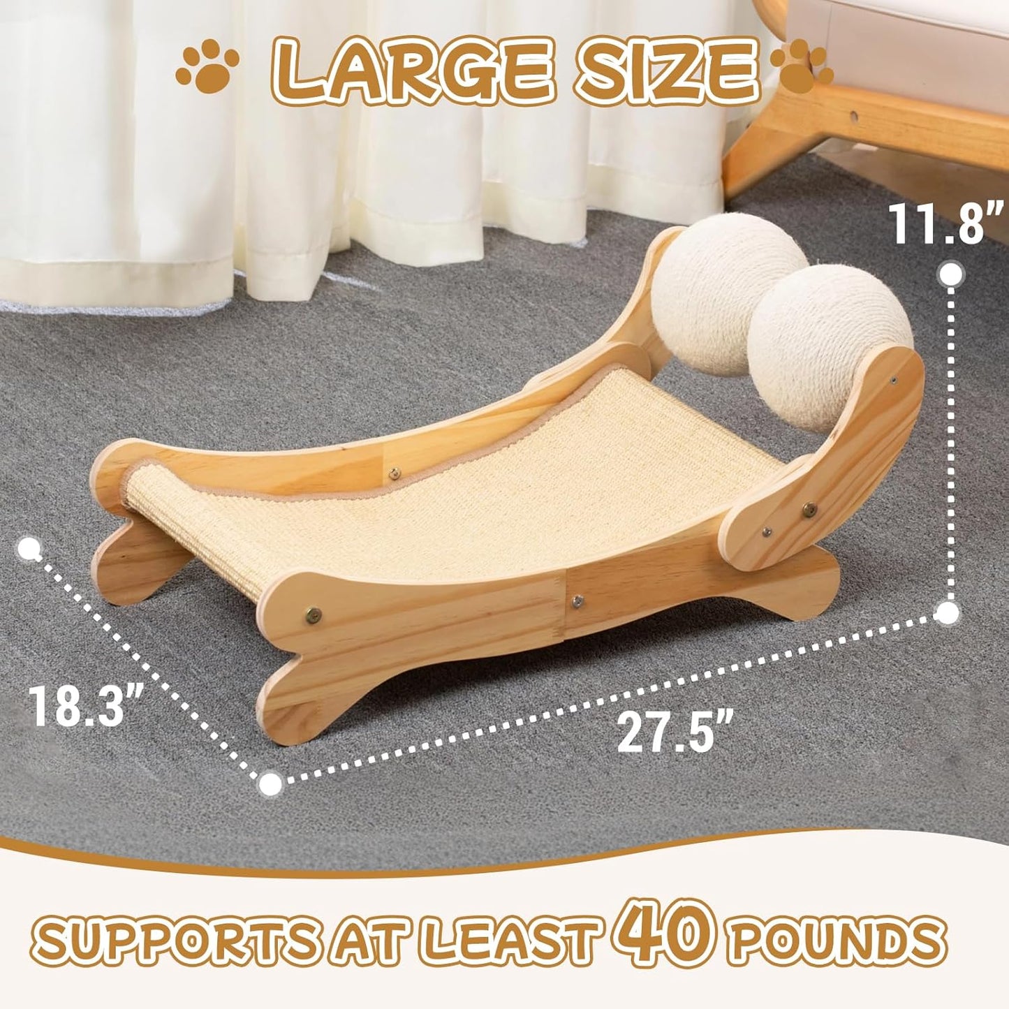 Cat Scratcher Bed Sisal Cat Scratching Pad 27 Inches Scratch Lounger for Indoor Cats Hammock Chair with Large Sisal Ball, Furniture Protector