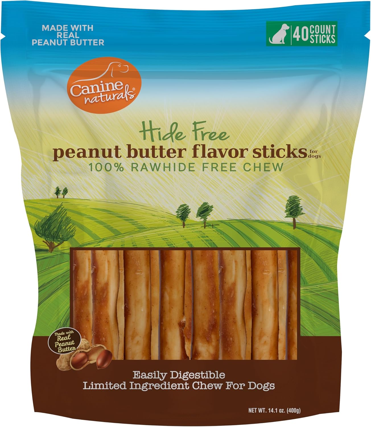 Canine Naturals Peanut Butter Chew - Rawhide Free and Dog Treats - Made from Real Peanut Butter - All-Natural and Easily Digestible - 40 Pack of 5 Inch Stick Chews