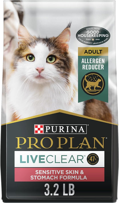 Purina Pro Plan Allergen Reducing, Sensitive Skin & Stomach, High Protein Cat Food, LIVECLEAR Turkey and Oatmeal Formula - 3.2 lb. Bag