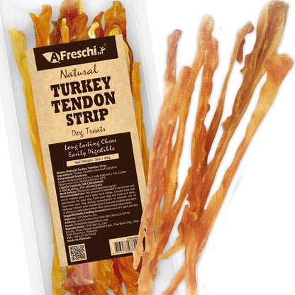 A Freschi srl Turkey Tendons for Dogs, USA-Sourced, Healthy Dog Treats, Rawhide-Free Puppy Chews, Long Lasting, All Natural, Hypoallergenic Dog Treats for Small Breeds, 3 oz Pack Strips