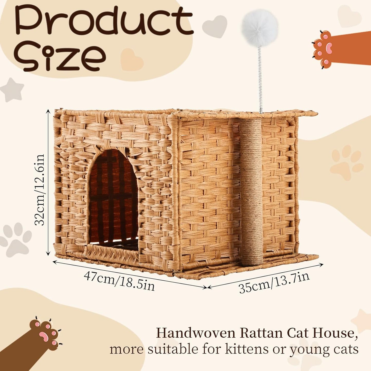 Rattan Cat Bed Cave Indoor Kitten House, Handwoven Hidden Cat Litter Box Enclosure Furniture, 18.5 x 13.78 x 12.6 Inches Pet Cube House, Foldable, Hideaway, with Fluffy Ball and Sisal Post