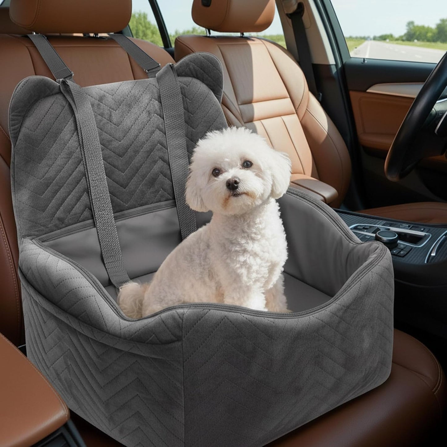 Dog Car Seat for Small/Medium Dogs Up to 30 lbs, Memory Foam Dog Booster Car Seats with Waterproof PU Cover, Pet Seat with Storage Pockets & 2 Safety Belt for Travel(Grey)