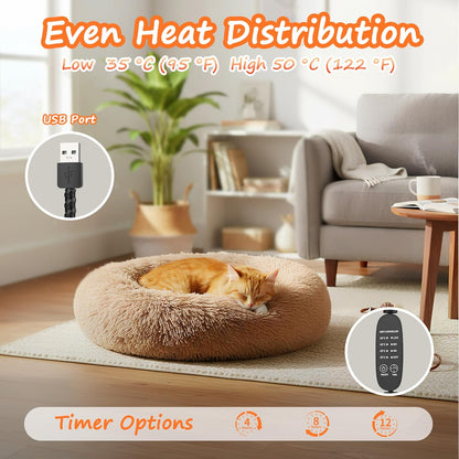 Heated Cat Bed for Indoor Cats, 23-inch Cozy Donut with USB Power, Adjustable Temperature & Timer, Machine Washable Cover for Small & Medium Cats (Camel)