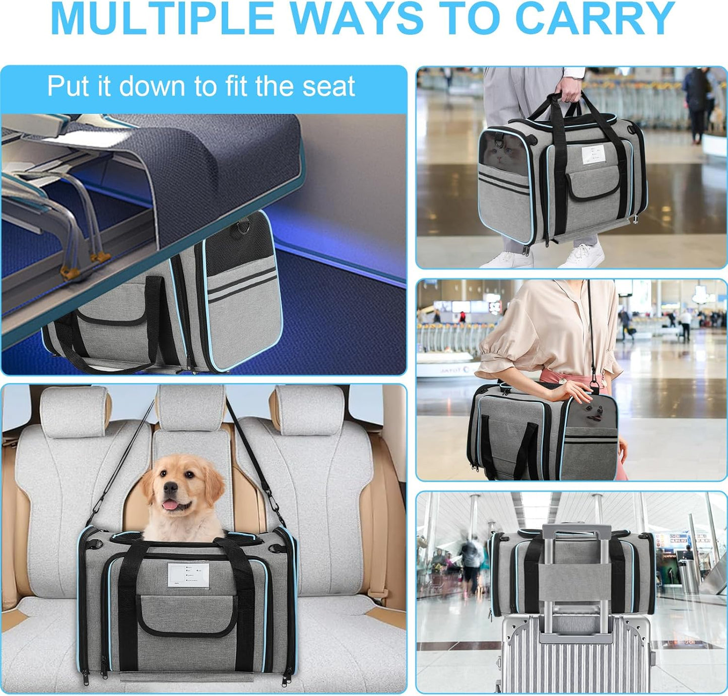 Pet Carrier Airline Approved, Expandable Pet Cat Carriers with Wheels for Dogs, Airline Approved Cat Dog Carrier, TSA Approved Pet Carrier In Cabin, Pet Dog Cat Carrier Soft, Cat Travel Carriers(Grey)
