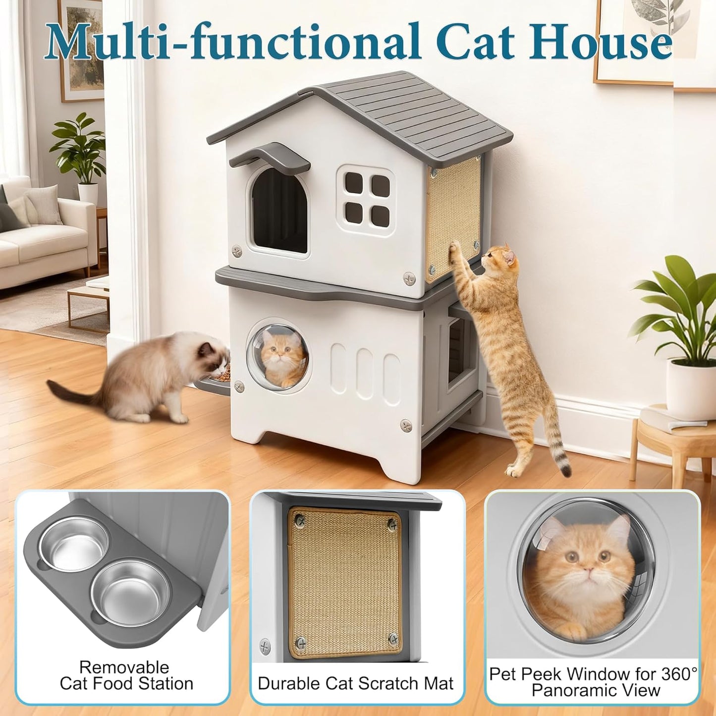 Cat House Outdoor Weatherpoof Plastic Cats Houses with Elevated Cat Bowls, Cat Scratch Pads and Escape Door, 2-Story Indoor Waterproof Feral/Pet Cat Shelter Outside for Multiple Cats, Grey
