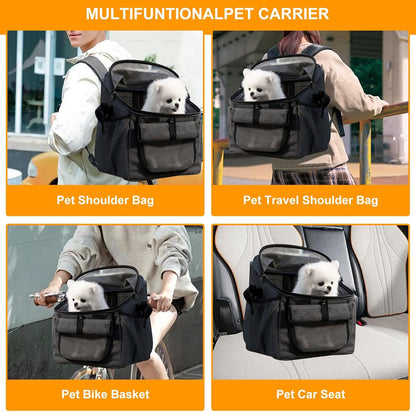 Dog Bike Basket Carrier, Foldable Soft-Sided Pet Carrier Backpack with Mesh Windows, Pet Travel Bag,Dog Backpack Carrier Safe and Easy for Small Medium Cats and Dogs (Grey)