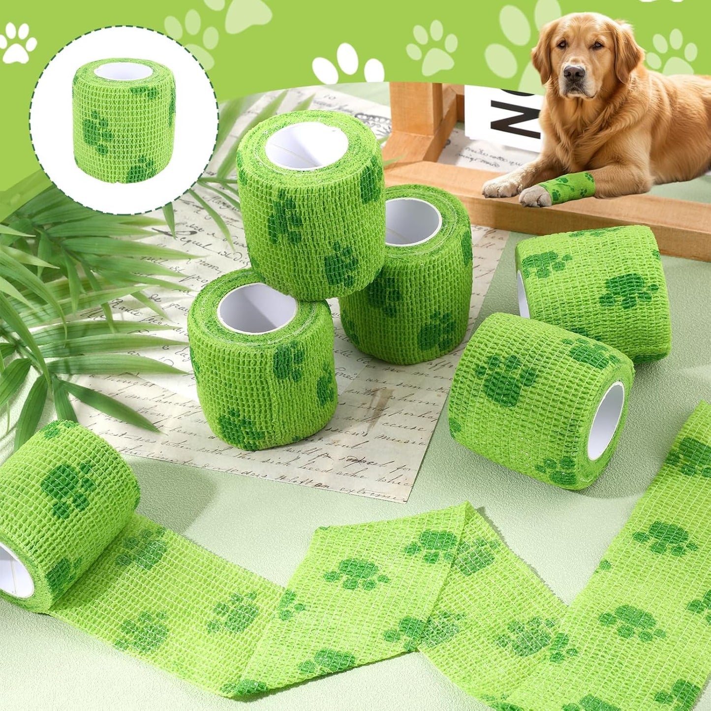 6 Rolls Dog Bandage Vet Wrap Bulk for Wound Care Non-Woven Self Adhesive Bandage Wrap for Horse, Cat, Bird, Pet Animal (Green,2 Inches X 5 yd)